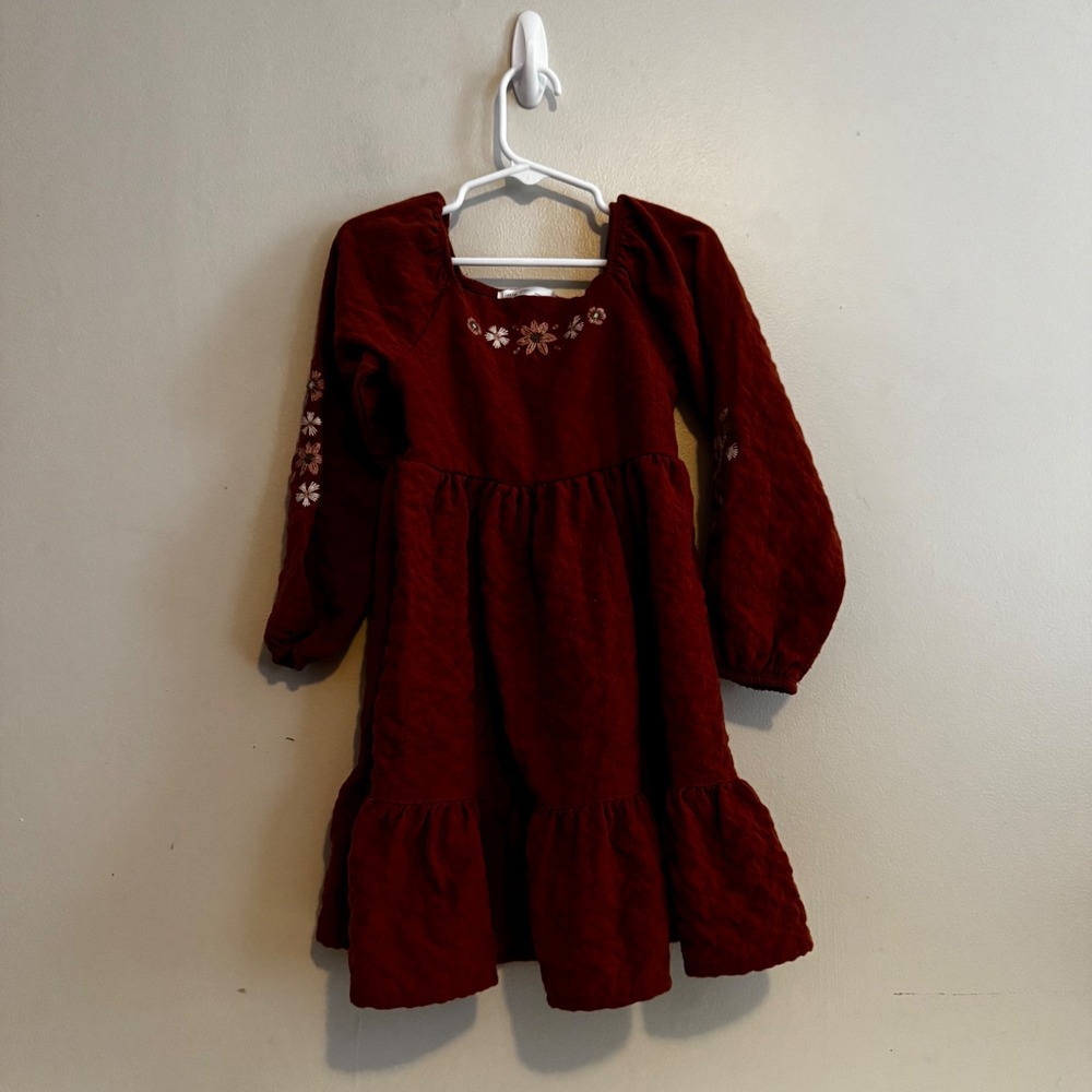 Little Co. Girls 5T Rust Floral Embroidered Tiered Dress Boho Indie fall basics
